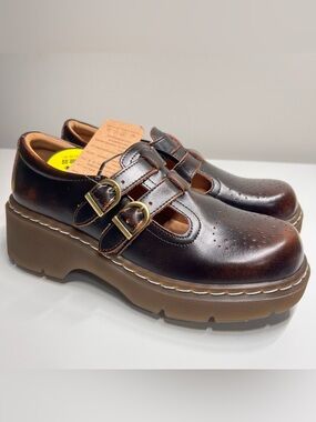 NWT MZDL Double Strap Platform Mary Janes Brogue Brown Leather Sz 7 / 8